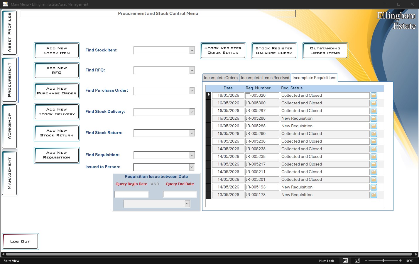 Procurment menu system with job cards, fleet maintenance, suppliers, stock control, reporting and administration tools.